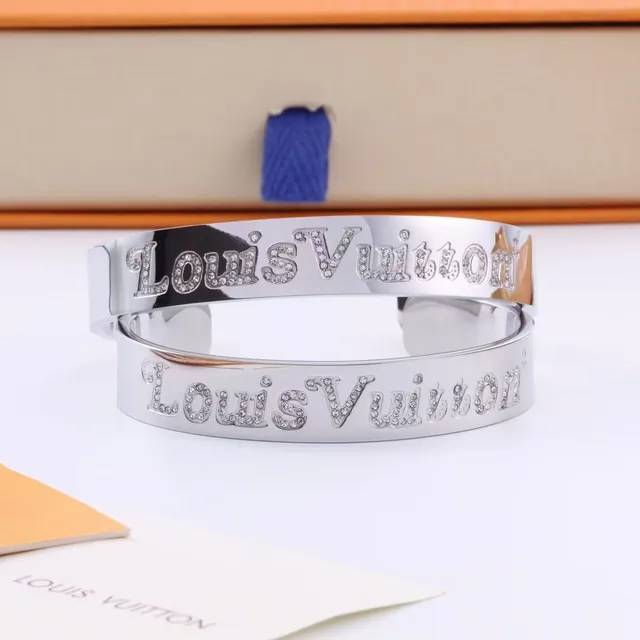 Louis Vuitton Engraved Logo Cuff Silver Gold Pavé Crystal Detail Bracelet 3