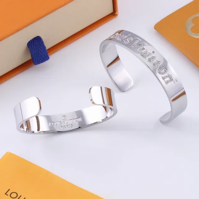 Louis Vuitton Engraved Logo Cuff Silver Gold Pavé Crystal Detail Bracelet 4