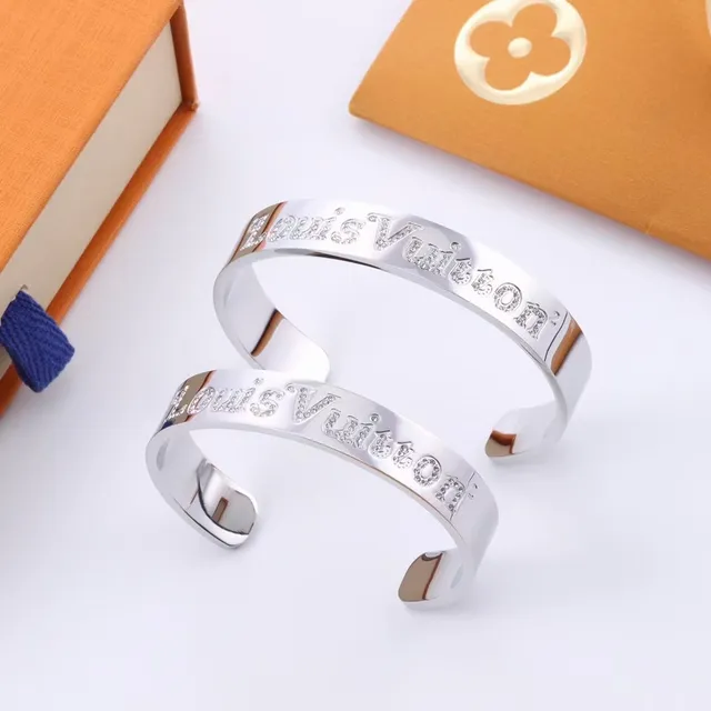 Louis Vuitton Engraved Logo Cuff Silver Gold Pavé Crystal Detail Bracelet 5