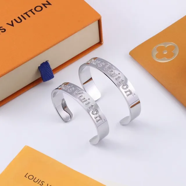 Louis Vuitton Engraved Logo Cuff Silver Gold Pavé Crystal Detail Bracelet 6