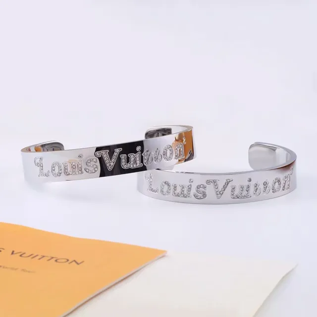 Louis Vuitton Engraved Logo Cuff Silver Gold Pavé Crystal Detail Bracelet 8