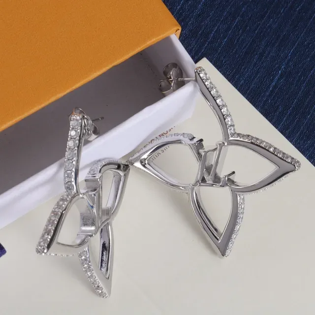Louis Vuitton Flower Gold Silver Openwork Floral Pavé Crystal Trim Earrings 4