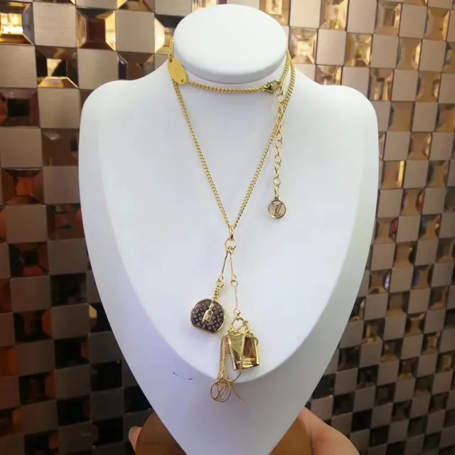 Louis Vuitton Gold Blue Chain Lock Charm Necklace 4
