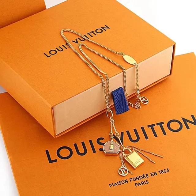 Louis Vuitton Gold Blue Chain Lock Charm Necklace 5