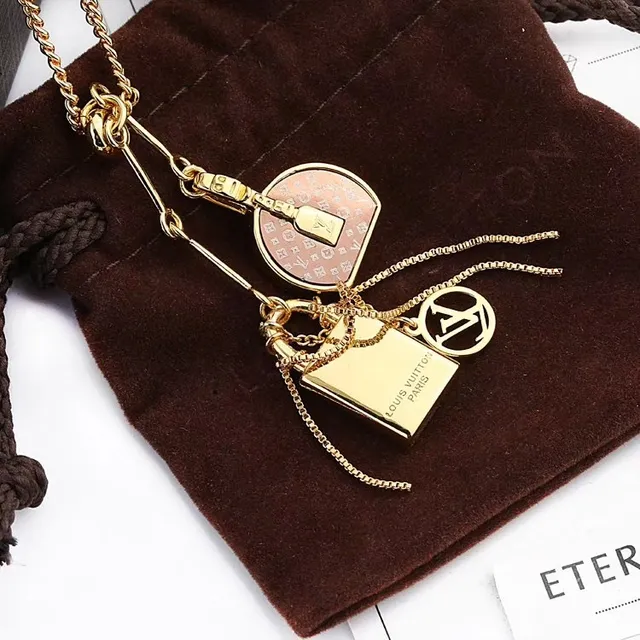 Louis Vuitton Gold Blue Chain Lock Charm Necklace 7