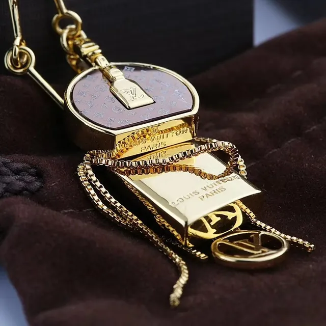 Louis Vuitton Gold Blue Chain Lock Charm Necklace 8