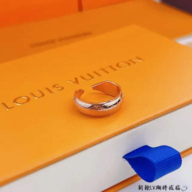 Louis Vuitton Gold Blue Open-Adjustable Monogram-Engraved Ring 8