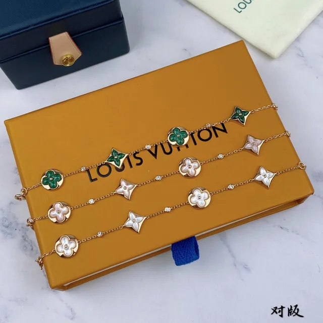 Louis Vuitton Gold Green Multi-Charm Chain Rose Bracelet 5