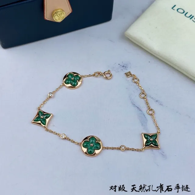 Louis Vuitton Gold Green Multi-Charm Chain Rose Bracelet 7