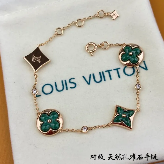 Louis Vuitton Gold Green Multi-Charm Chain Rose Bracelet 8
