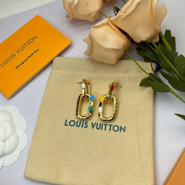 Louis Vuitton Gold Multicolor Metal Linked Oval Hoops Earrings 3