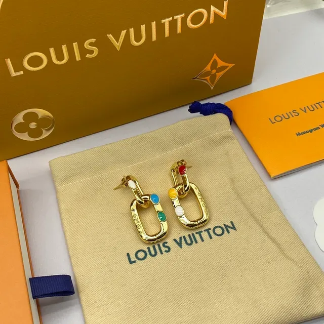 Louis Vuitton Gold Multicolor Metal Linked Oval Hoops Earrings 5