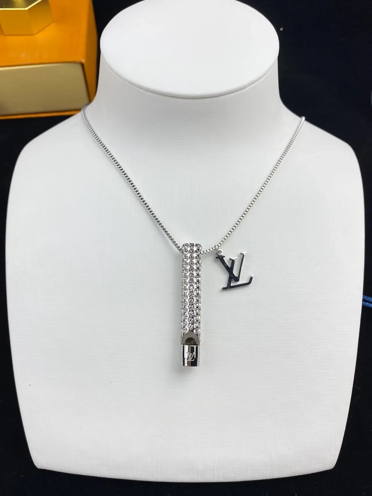 Louis Vuitton Gold Silver Crystal-Encrusted Cylinder Detachable LV Monogram Charm Necklace 7