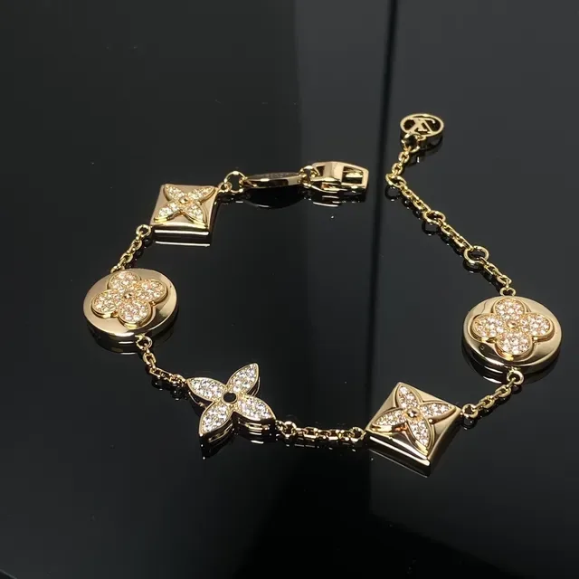 Louis Vuitton Gold Silver Crystal-Paved Four-Petal Flower Motif Bracelet 2