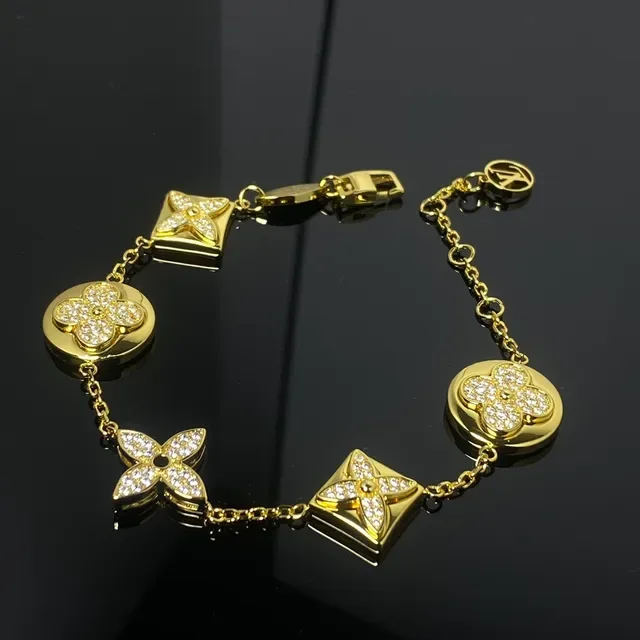 Louis Vuitton Gold Silver Crystal-Paved Four-Petal Flower Motif Bracelet 3