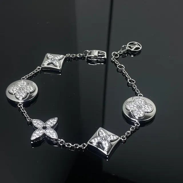 Louis Vuitton Gold Silver Crystal-Paved Four-Petal Flower Motif Bracelet 4