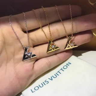 Louis Vuitton Gold Silver Geometric Monogram Pendant Crystal-Set Necklace