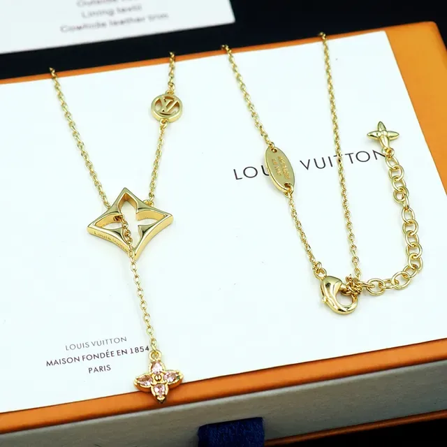 Louis Vuitton Gold-Tone Monogram Star and Pink Crystal Flower Necklace 10