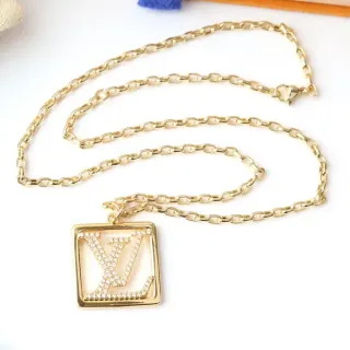 Louis Vuitton Gold White Curb Chain Square Pendant Necklace