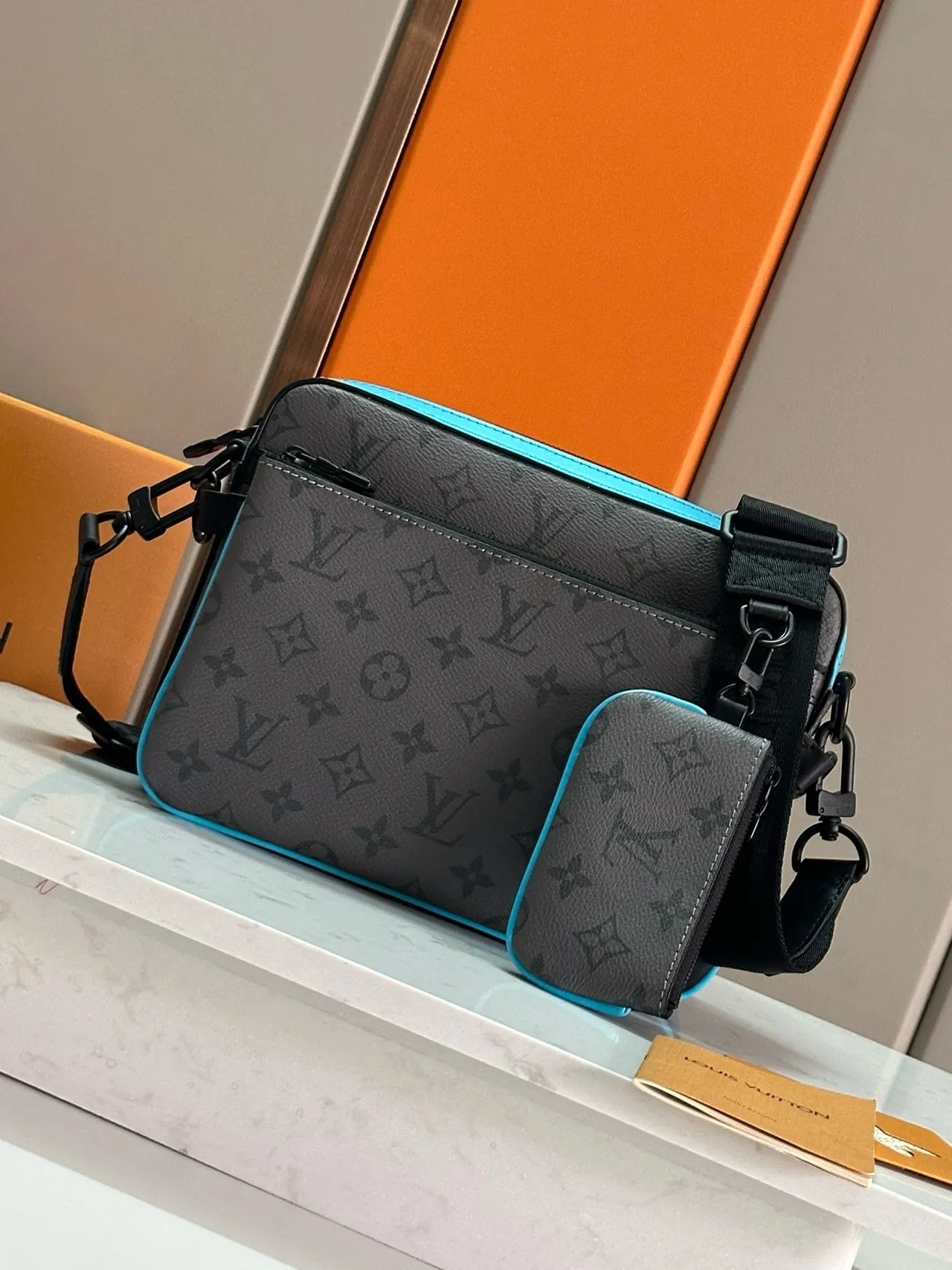 Louis Vuitton Gray Blue Structured Rectangular Silhouette Monogram-Coated Canvas Messenger Bag 6