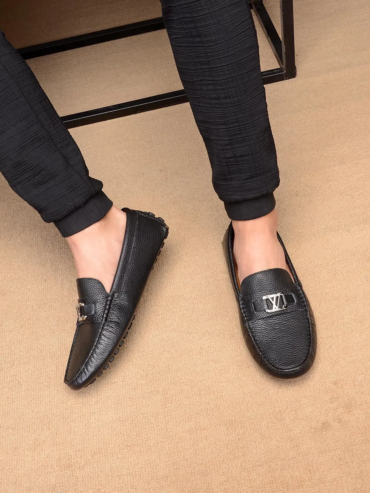 Louis Vuitton Loafer Black Beige Pebbled Leather Metal LV Buckle Loafer 2