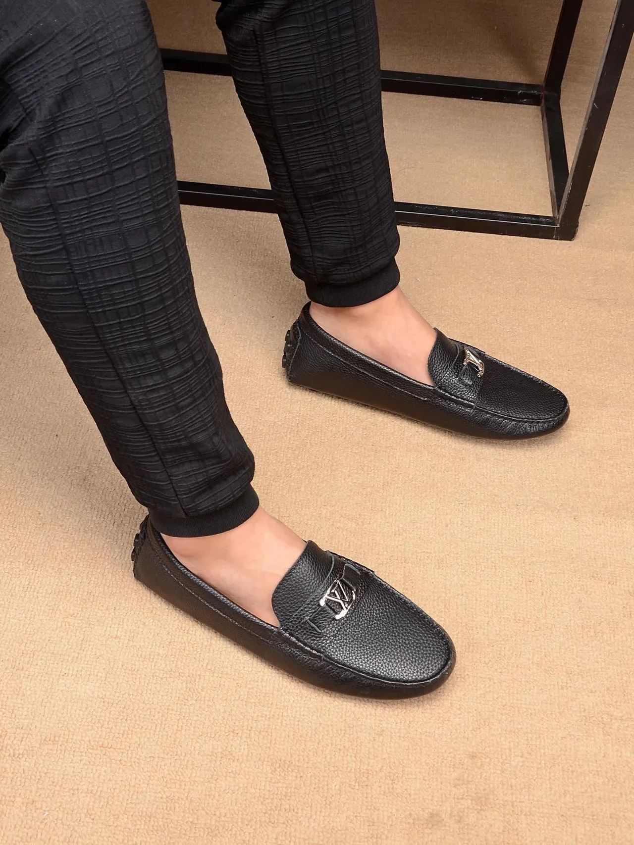 Louis Vuitton Loafer Black Beige Pebbled Leather Metal LV Buckle Loafer 3
