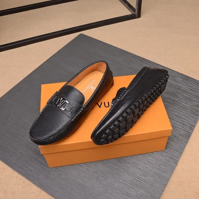 Louis Vuitton Loafer Black Beige Pebbled Leather Metal LV Buckle Loafer 4