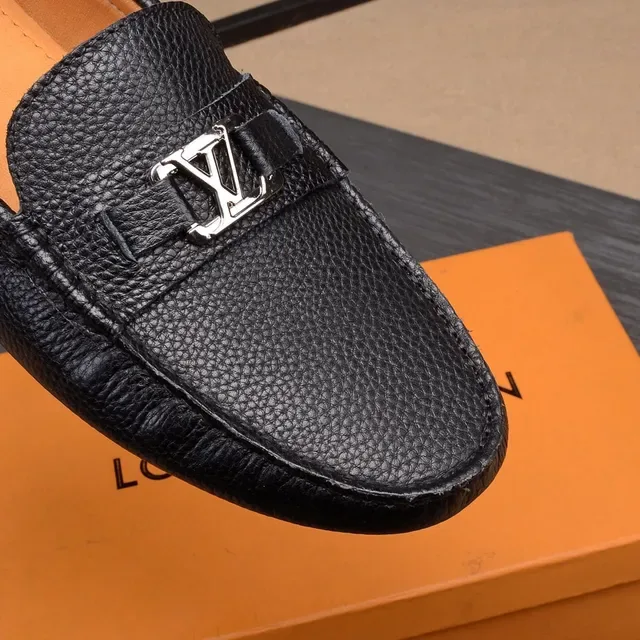 Louis Vuitton Loafer Black Beige Pebbled Leather Metal LV Buckle Loafer 6