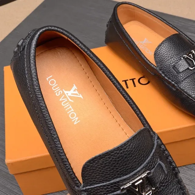 Louis Vuitton Loafer Black Beige Pebbled Leather Metal LV Buckle Loafer 7