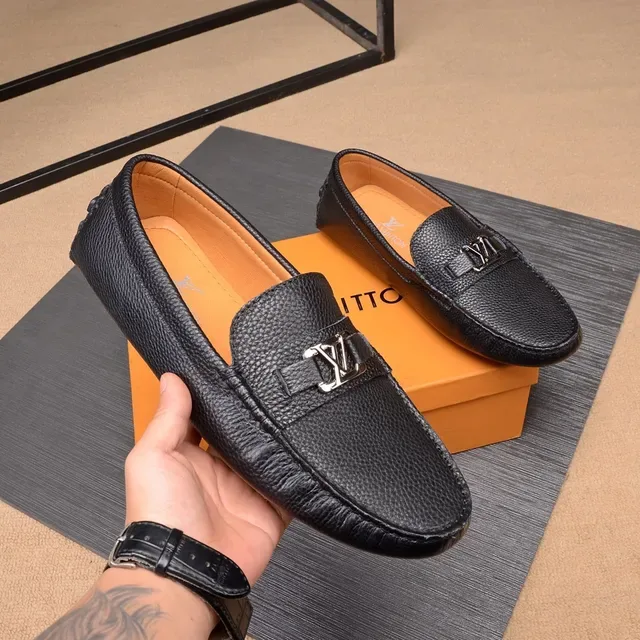 Louis Vuitton Loafer Black Beige Pebbled Leather Metal LV Buckle Loafer 8
