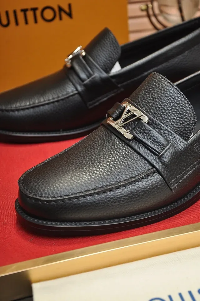 Louis Vuitton Loafer Black Gold Pebbled Leather Single Strap Loafer 2