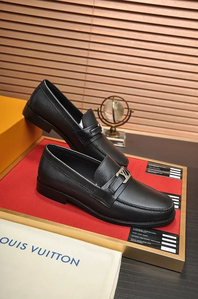 Louis Vuitton Loafer Black Gold Pebbled Leather Single Strap Loafer 4