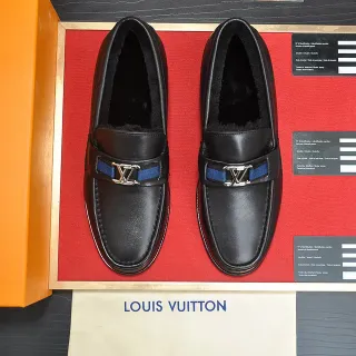 Louis Vuitton 黑色海军蓝皮革羊毛衬里乐福鞋