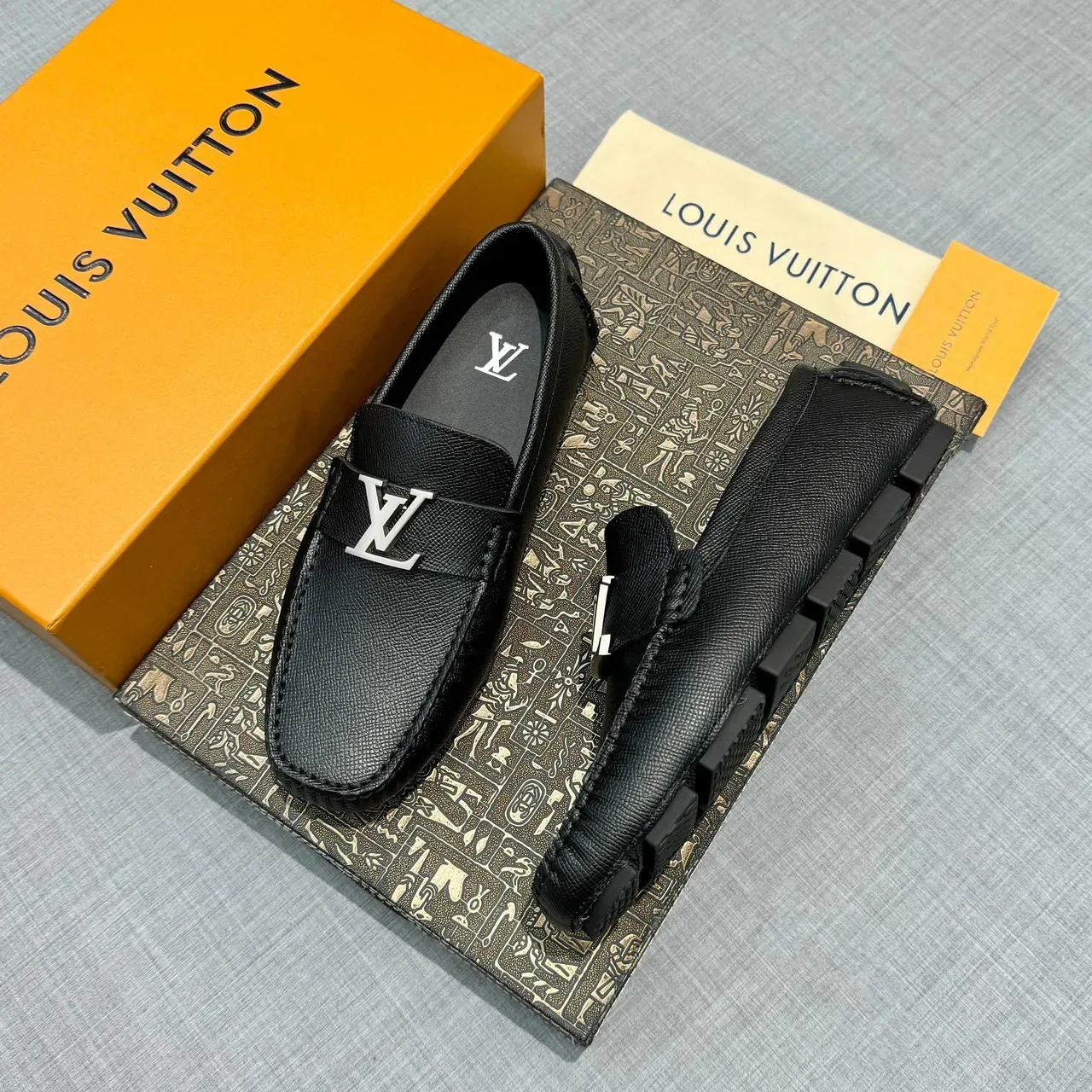 Louis Vuitton Loafer Black Silver Textured Grain Leather Metal LV Buckle Loafer 2