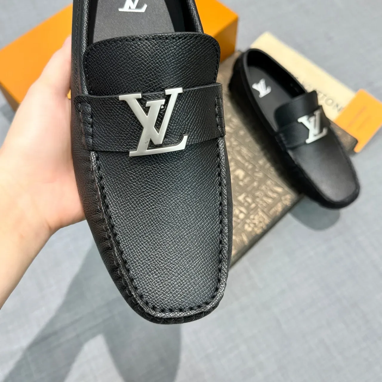 Louis Vuitton Loafer Black Silver Textured Grain Leather Metal LV Buckle Loafer 3