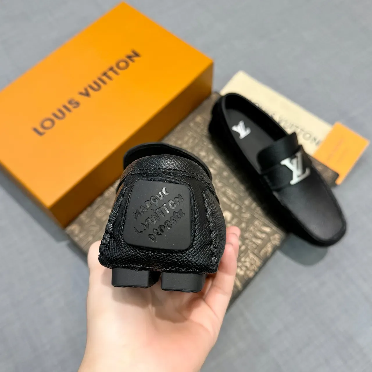 Louis Vuitton Loafer Black Silver Textured Grain Leather Metal LV Buckle Loafer 4