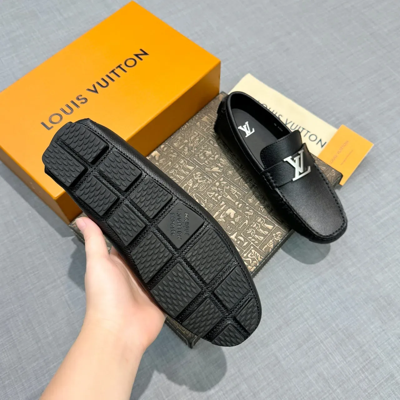Louis Vuitton Loafer Black Silver Textured Grain Leather Metal LV Buckle Loafer 5