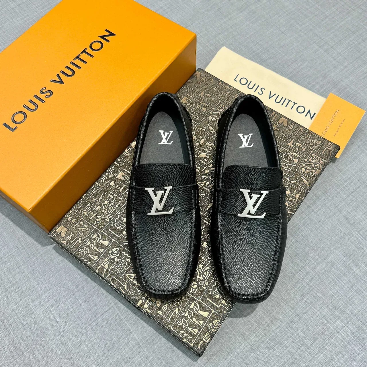 Louis Vuitton Loafer Black Silver Textured Grain Leather Metal LV Buckle Loafer 6