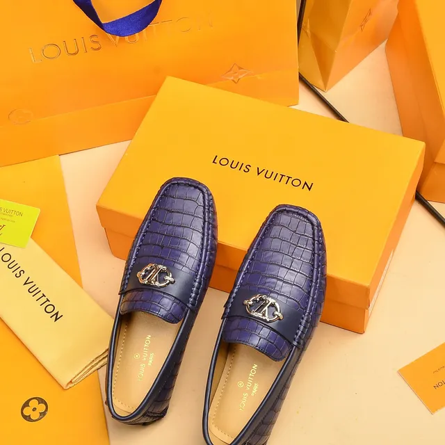 Louis Vuitton Loafer Blue Gold Croc-Embossed Leather Metal LV Buckle Loafer 3