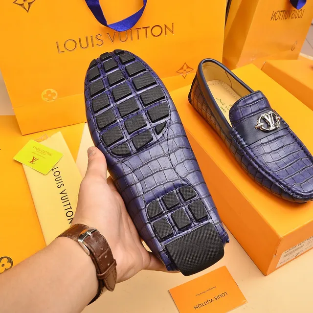Louis Vuitton Loafer Blue Gold Croc-Embossed Leather Metal LV Buckle Loafer 4