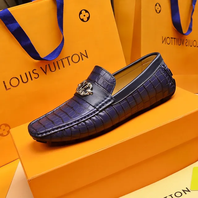 Louis Vuitton Loafer Blue Gold Croc-Embossed Leather Metal LV Buckle Loafer 5
