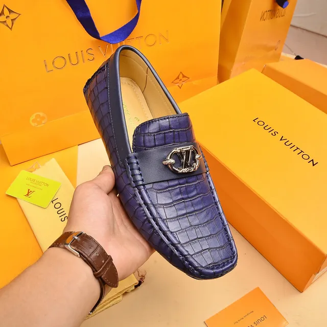 Louis Vuitton Loafer Blue Gold Croc-Embossed Leather Metal LV Buckle Loafer 6