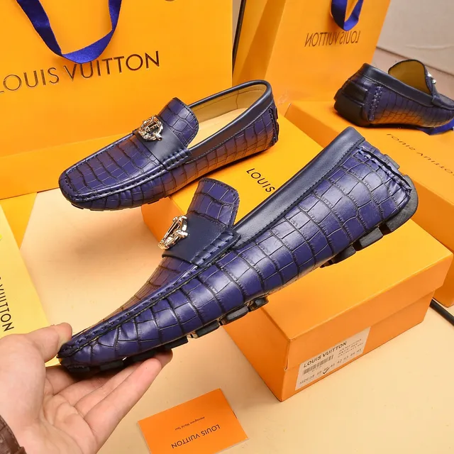 Louis Vuitton Loafer Blue Gold Croc-Embossed Leather Metal LV Buckle Loafer 7