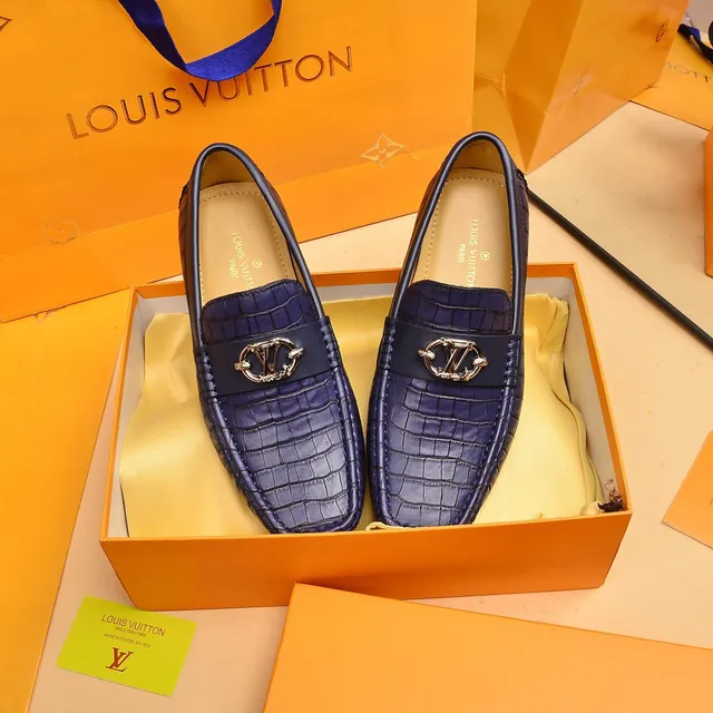 Louis Vuitton Loafer Blue Gold Croc-Embossed Leather Metal LV Buckle Loafer 8