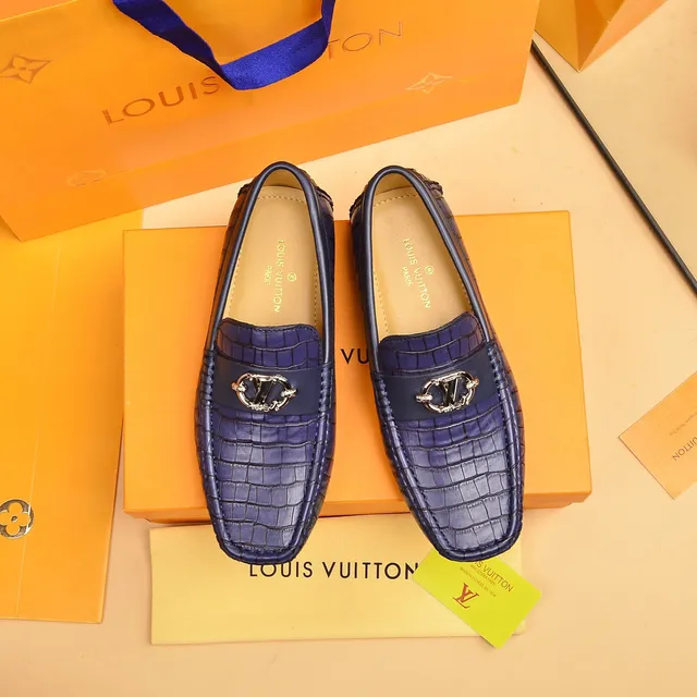 Louis Vuitton Loafer Blue Gold Croc-Embossed Leather Metal LV Buckle Loafer 9