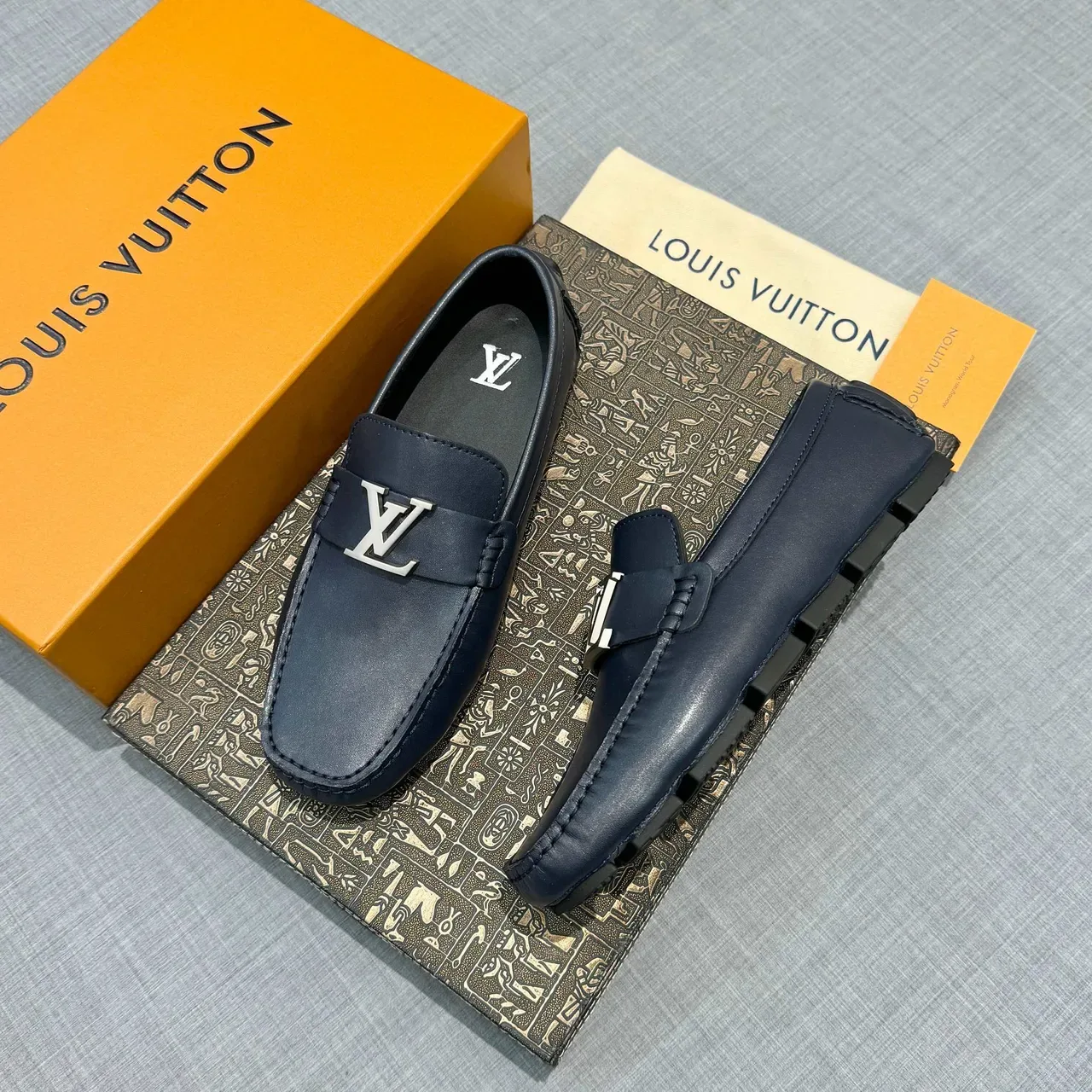 Louis Vuitton Loafer Navy Silver Leather Metal LV Buckle Loafer 2