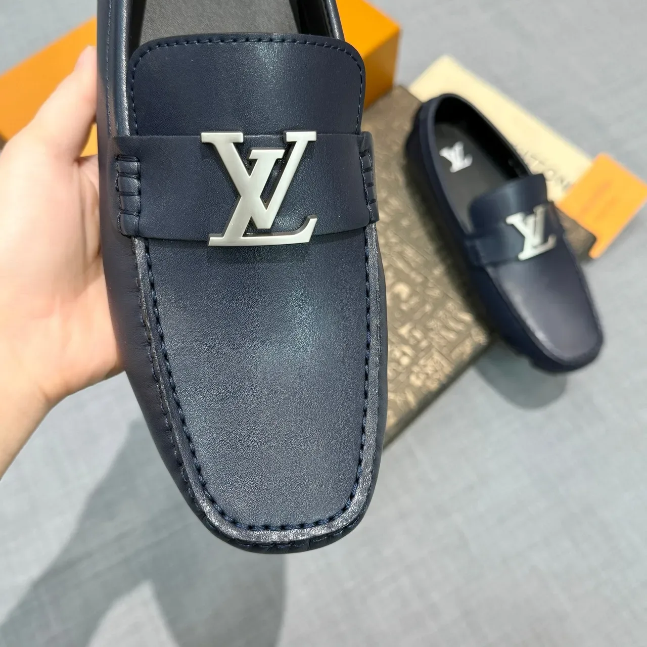 Louis Vuitton Loafer Navy Silver Leather Metal LV Buckle Loafer 3