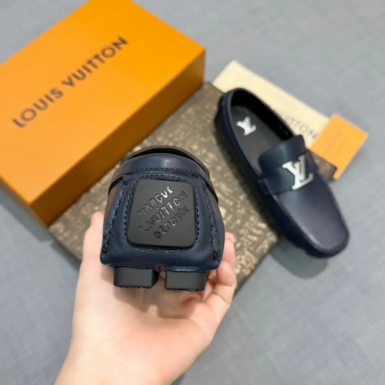 Louis Vuitton Loafer Navy Silver Leather Metal LV Buckle Loafer 4