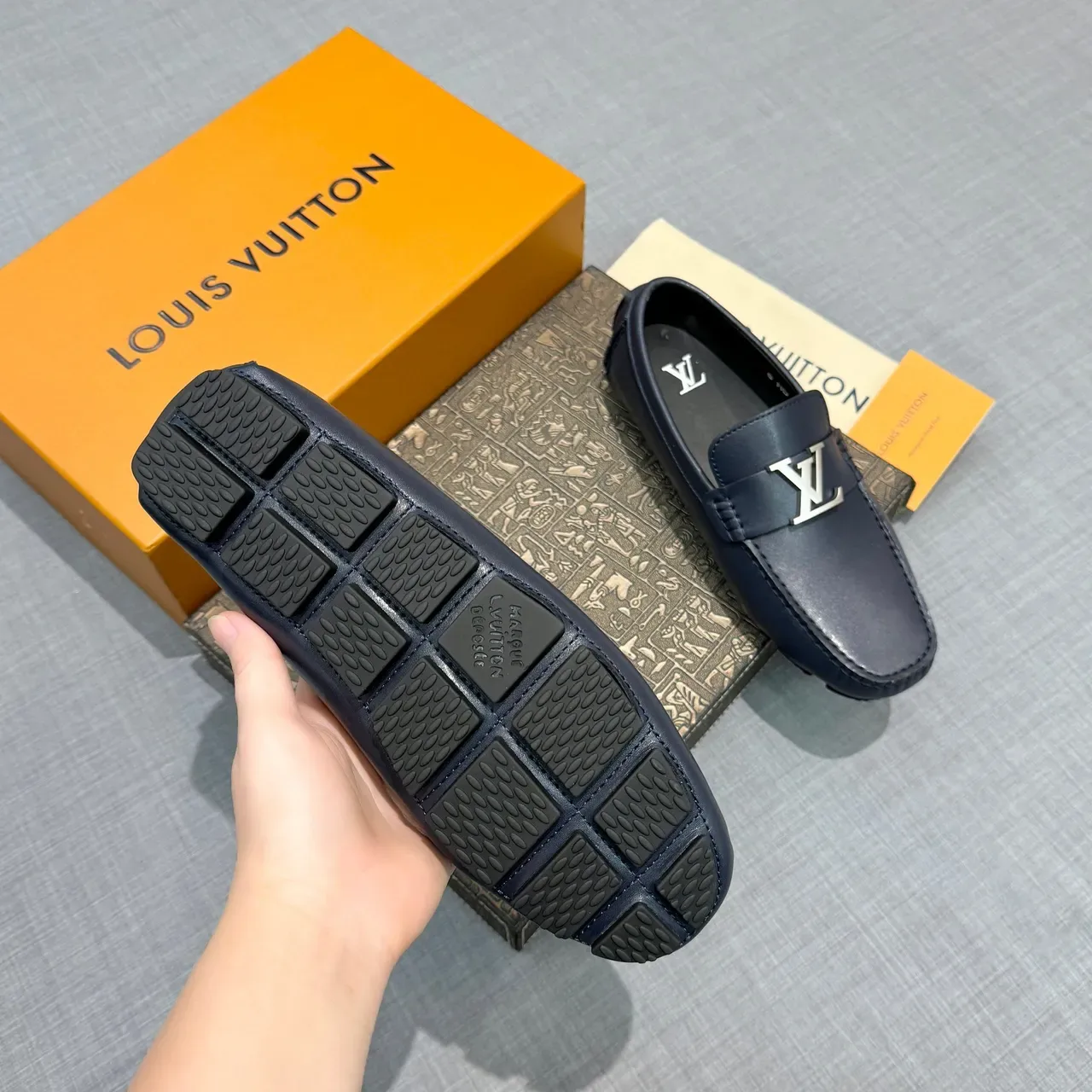 Louis Vuitton Loafer Navy Silver Leather Metal LV Buckle Loafer 5
