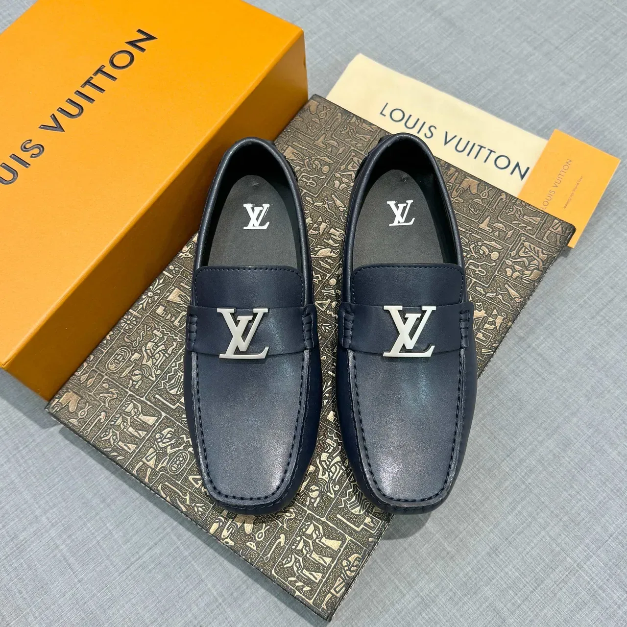Louis Vuitton Loafer Navy Silver Leather Metal LV Buckle Loafer 6